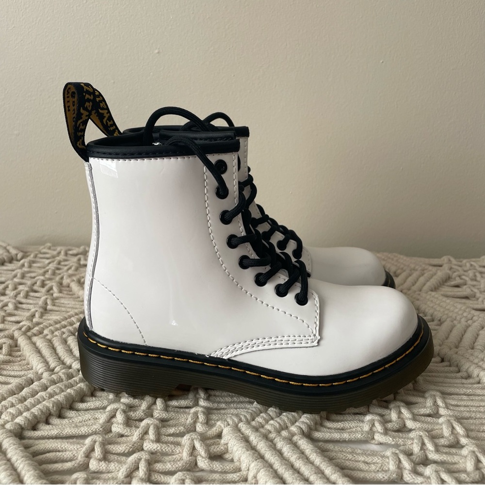 Dr. Martens White Patent Leather Lace-Up Kids Boots with Black Trim